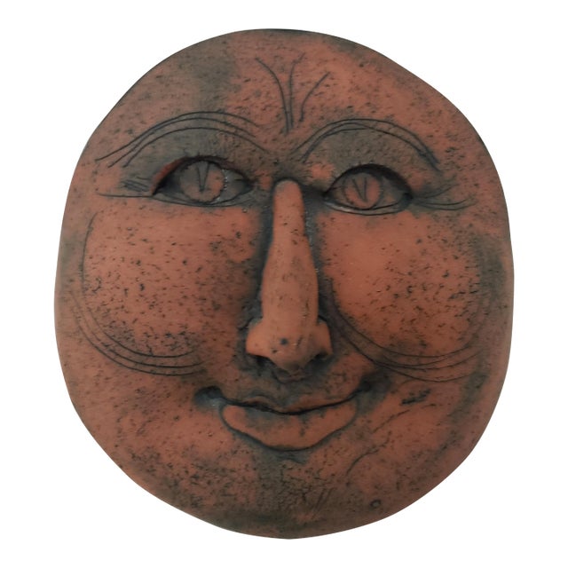 Vintage Signed Terra Cotta Moon Face Wall Pocket For Sale