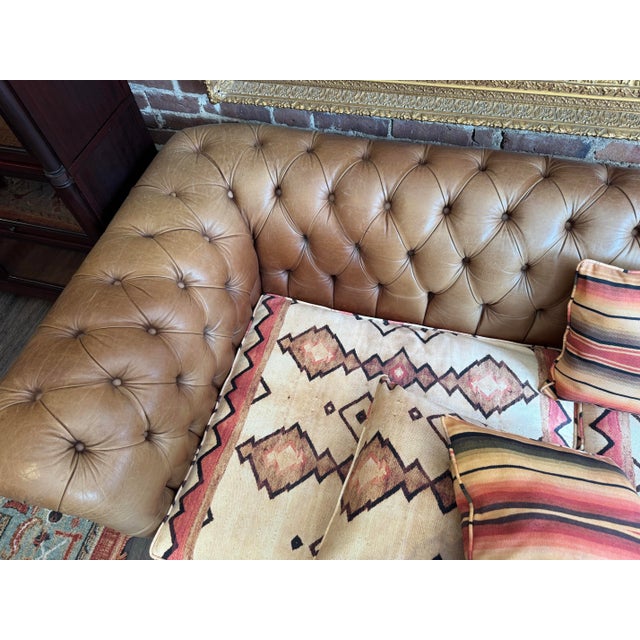 Pair of Vintage Chesterfield Style Leather Sofas With Kilim Fabric Cushions For Sale - Image 12 of 15