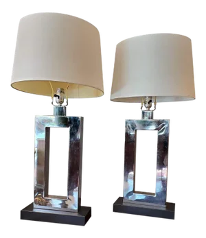 Pair of Mid-Century Modern Chrome Table Lamps With Black Bases