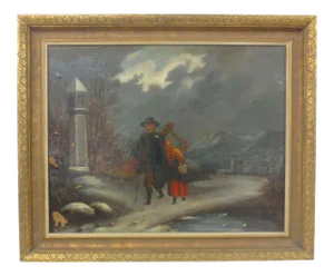 Circa 1910 "Traveler with Harp" Figurative Oil Painting, Framed