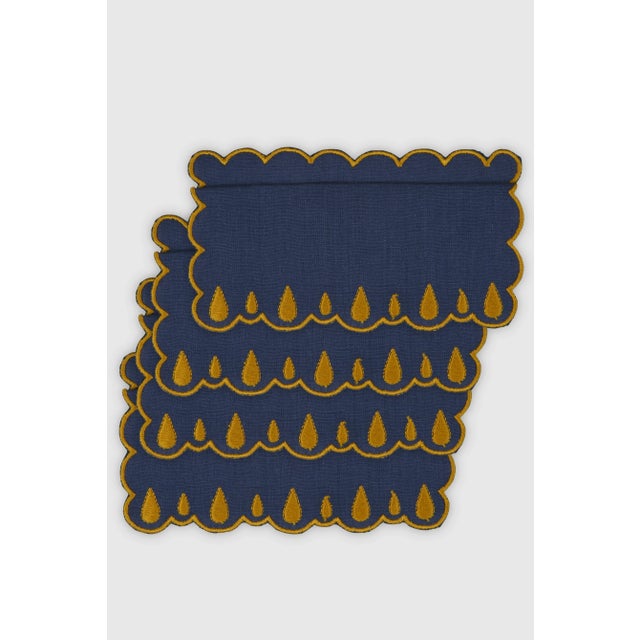 DROPS Navy/Mustard Linen Cocktail Napkins from Los Encajeros, Set of 4 For Sale - Image 4 of 4