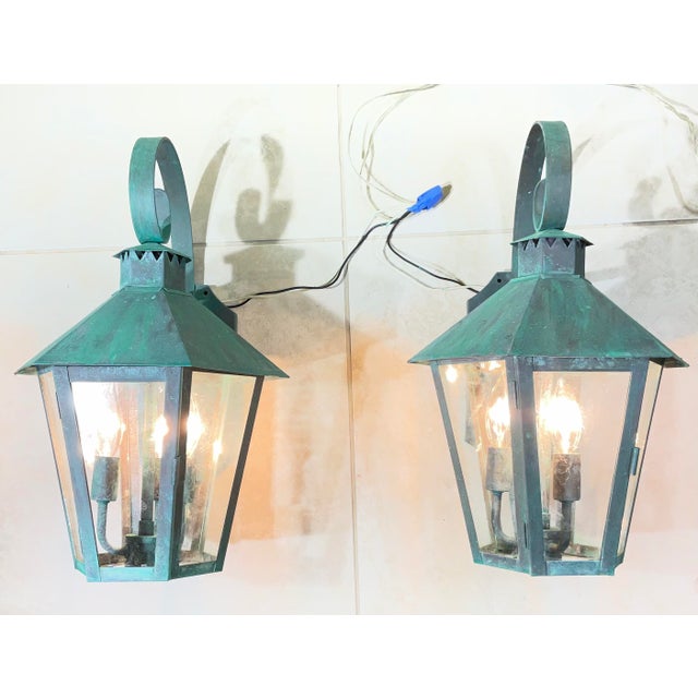Green Vintage Solid Copper & Brass Outdoor Lantern Sconces / 18”h X 11”w X 12”d For Sale - Image 8 of 18