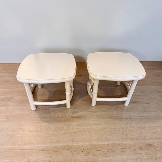 Wood Pair of Vintage Coastal White Rattan Side Tables Square With Round Edges. For Sale - Image 7 of 7