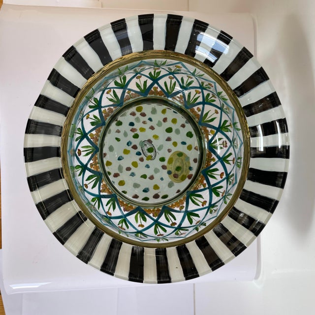 Boho Chic Vintage Mackenzie Childs Circus Hand Painted Blown Glass Bowl Original Maker’s Label For Sale - Image 3 of 5