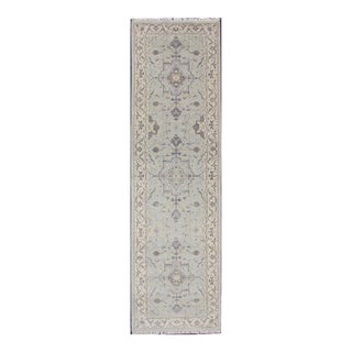 Modern Medallion Oushak Runner in Seafoam Green, Gray, Cream, Charcoal and Light Blue For Sale