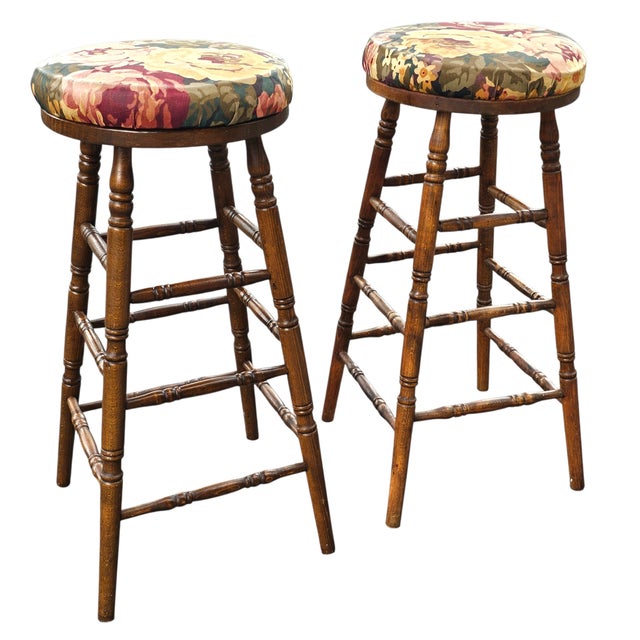 Brown Pair Mid 20th Century Turned Walnut and Upholstered Barstools For Sale - Image 8 of 8