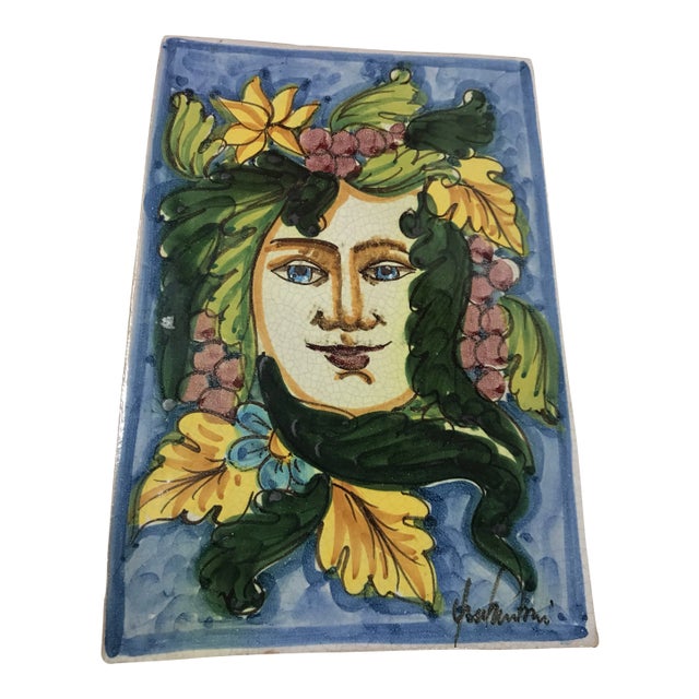 Vintage Signed Italian Painted Tile Hanging With Female Face For Sale