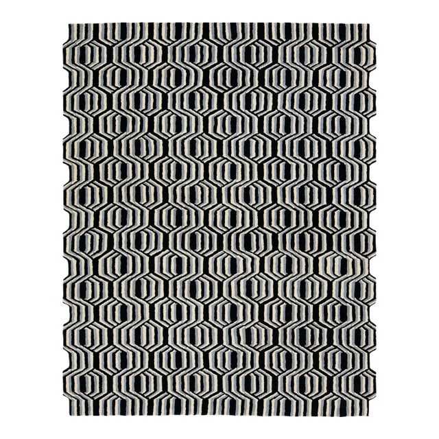 Hand-Tufted Modern Wool Rug With Freestyle’s Crisp Graphic Pattern by Apadana For Sale