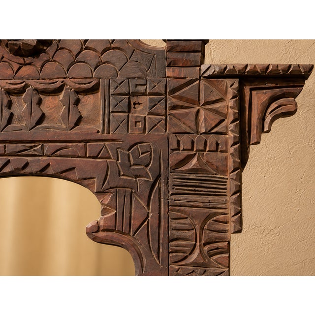 Vintage Moroccan Hand-Carved Wood Architectural Mirror For Sale - Image 4 of 13