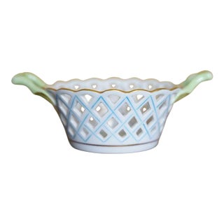 Vintage Herend Hungary Chinese Flower Openwork Porcelain Basket With Handles For Sale