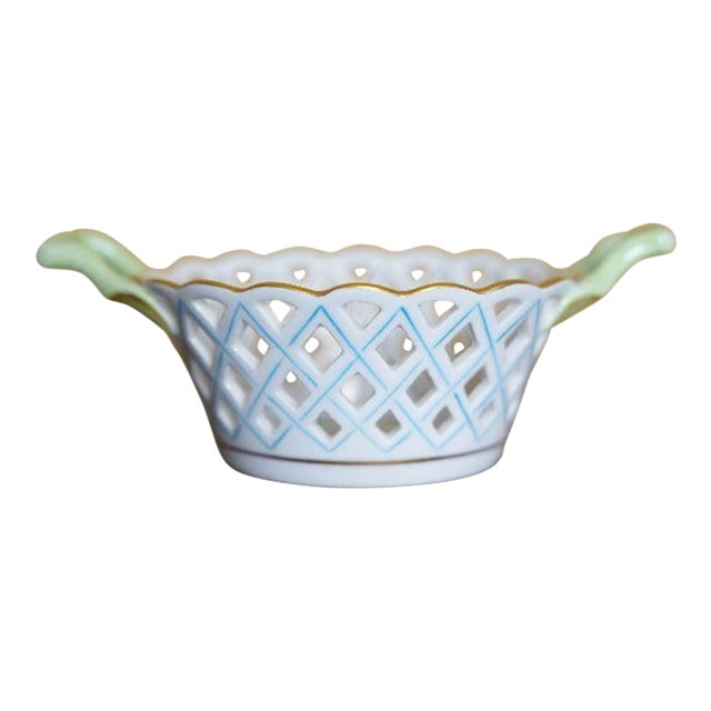 Vintage Herend Hungary Chinese Flower Openwork Porcelain Basket With Handles For Sale