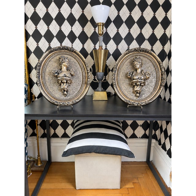 Vintage Neoclassical Silver-Tone Female Bust High-Relief Wall Plaques, Pair For Sale In Boston - Image 6 of 6
