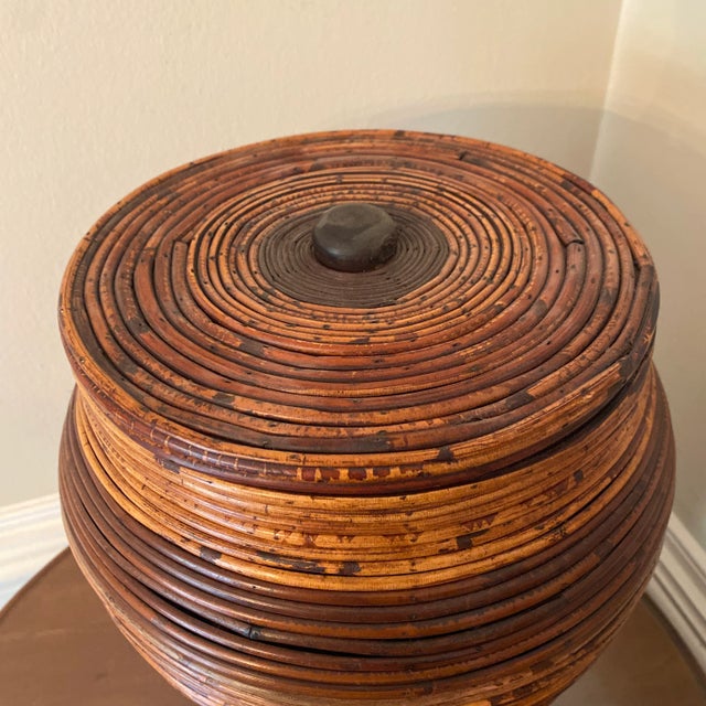 Boho Chic 1970s Vintage Italian Style Pencil Reed Lidded Floor Basket For Sale - Image 3 of 9