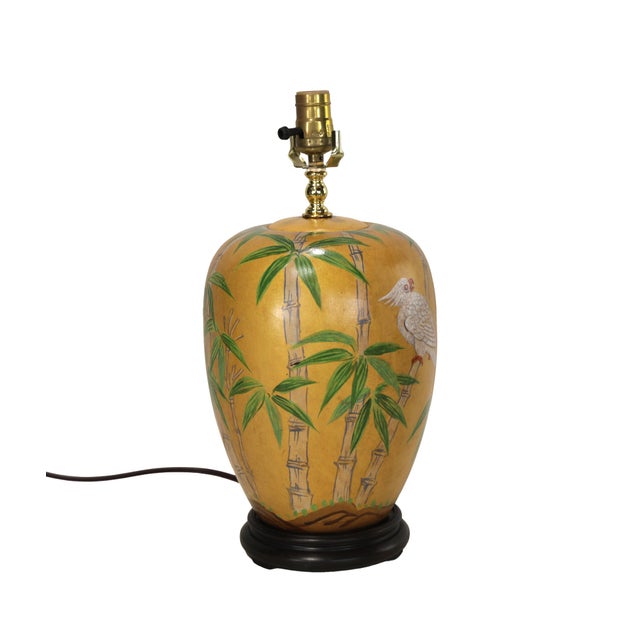 Vintage Hollywood Regency Style Hand-Painted Yellow Ceramic Bird and Bamboo Table Lamps - a Pair For Sale - Image 4 of 13