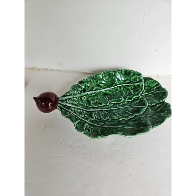 1980s Charming Portuguese Majolica Green Leaf Dish With Radish Handle For Sale - Image 5 of 5
