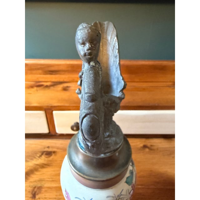 Statement Antique Victorian Spelter & Hand-Painted Ceramic Mantel Ewers - A Pair For Sale - Image 6 of 17
