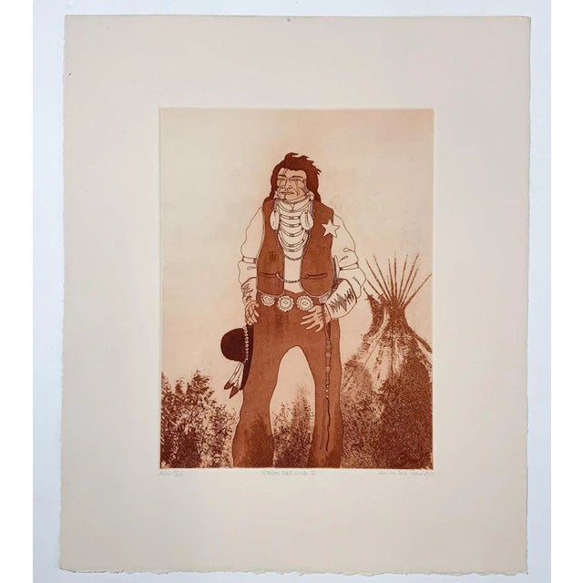 Paper 1980 Kevin Red Star Native American Crow Res Cop II Sepia Tone Etching For Sale - Image 7 of 8