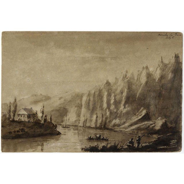 An original c.1819 watercolour painting, James Hamilton Stanhope, Meuse at Marche-les-Dames, Belgium.A wonderful sepia ink...