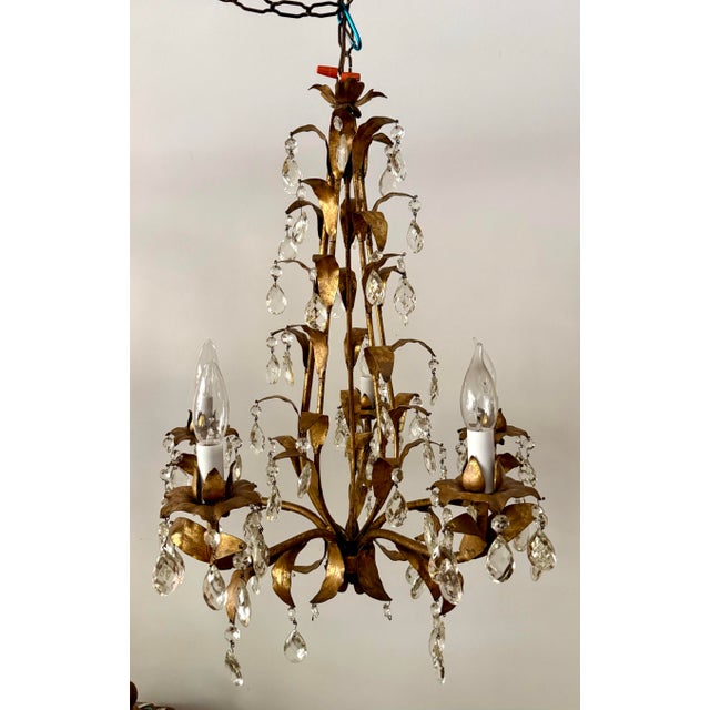 Mid 20th Century Mid 20th Century Hollywood Regency Gilt Tole Leaf & Crystal 5-Light Chandelier For Sale - Image 5 of 12