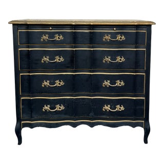 1950s French Louis XV Style 4 Drawer Black Dresser Chest With Brass Mounts With Pull Out Tray For Sale