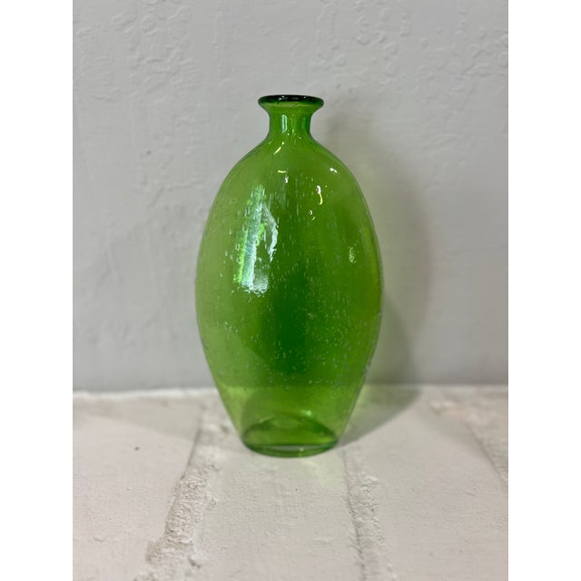 Set of 3 hand-blown controlled-bubble flattened vases in amber, amethyst, and green. Mid-century studio glass. Good...