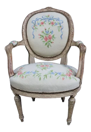 19th Louis XVI Carved Cream Needlepoint Open Arm Chair