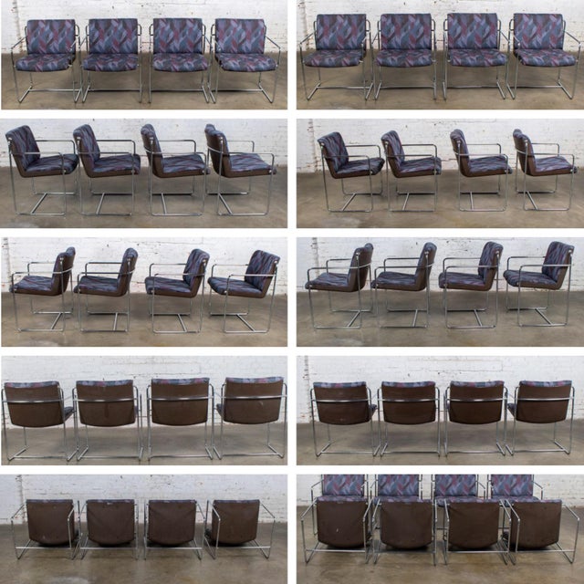 Metal Late 20th Century Modern Krueger Set 8 Dining Armchairs Chrome Steel Rod Frames & Geometric Fabric For Sale - Image 7 of 18