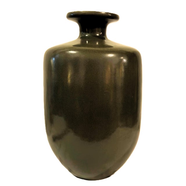 Vintage Large Mottled Moss & Chestnut Speckled Glazed Bottle Vase (14") For Sale - Image 9 of 18
