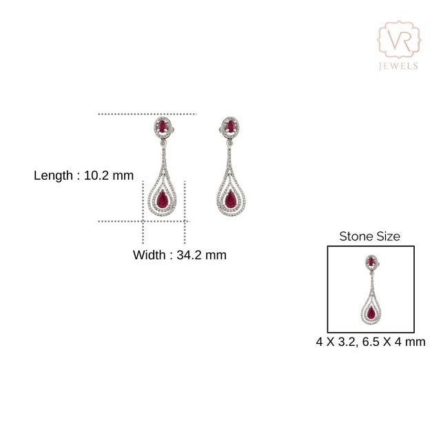 Ruby Red Art Deco Style 2.06Ct Ruby & Diamond Teardrop Dangle Earrings in 18k White Gold- 2 Pieces For Sale - Image 8 of 12