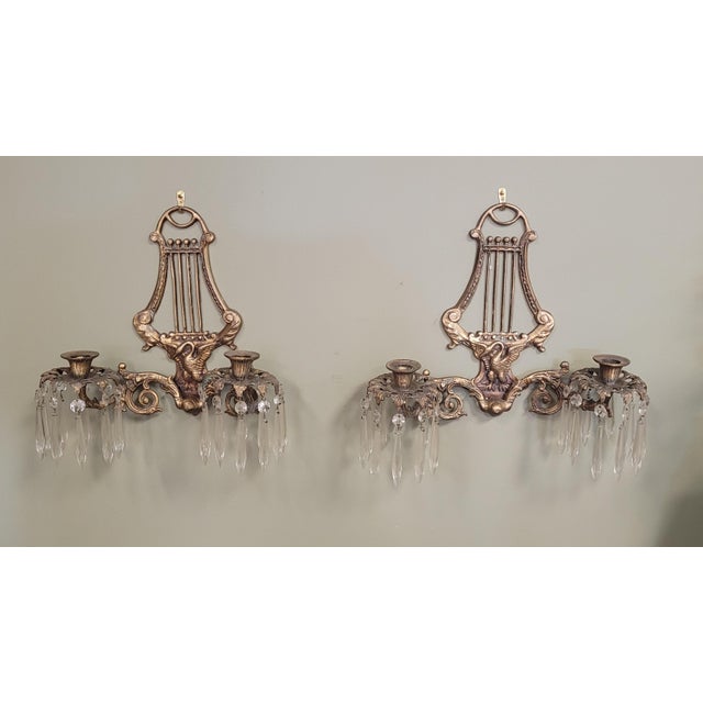 Brass A Pair 1930s Brass & Crystal Swan Candle Wall Sconces For Sale - Image 8 of 10