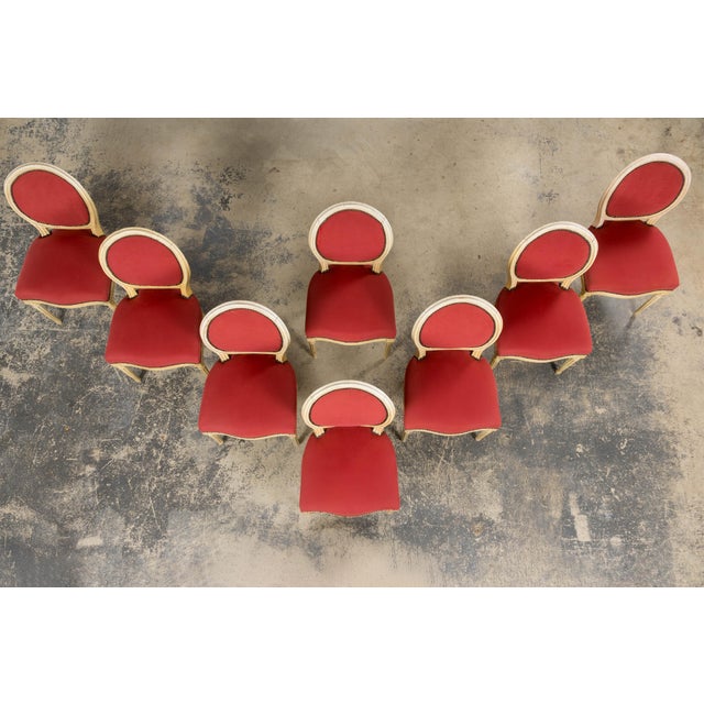 French Antique French Louis XVI Style Painted Dining Chairs in Raspberry Velvet - Set of 8 For Sale - Image 3 of 18