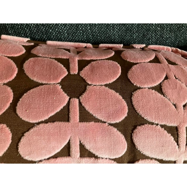 Orla Kiley Retro Sixties Stem Pink on Brown Velvet Fabric Bolster For Sale - Image 4 of 4