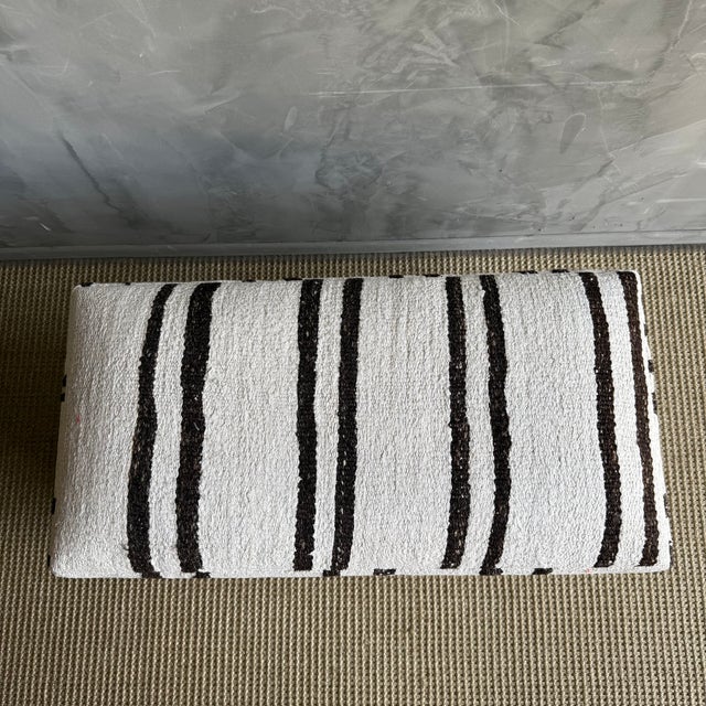 Rectangular Off-White & Dark Brown Striped Ottoman Made From a Vintage Turkish Rug For Sale In Los Angeles - Image 6 of 9
