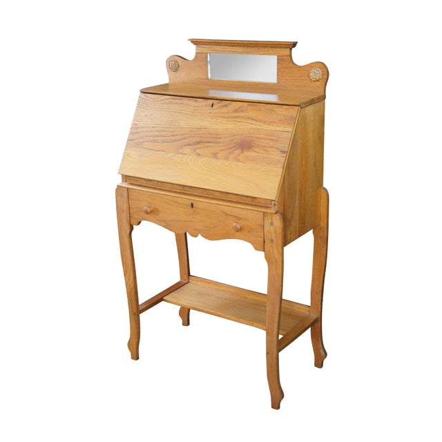 Late Victorian Oak Ladies Secretary Desk, Circa 1900. Features a mirrored backsplash over shelf and slant front. Desk...