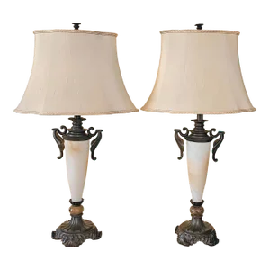 Mid-Century Modern Alabaster Glass Urn Table Lamps With Shades, a Pair