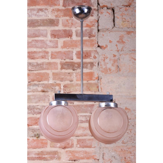 Art Deco Chandelier in Chrome-Plated Steel and Opaline Glass, Czech, 1930s For Sale - Image 6 of 10