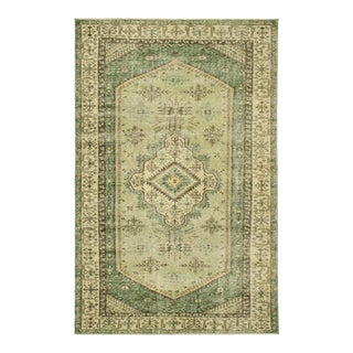 Vintage Turkish Rug in Green With Geometric Medallion, From Rug & Kilim For Sale