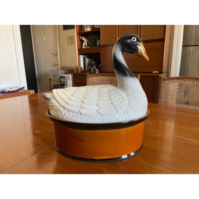Large Mid Century Swan Tureen. No makers mark. Bowl w/lid: 12 long 9.5 wide 12.5 tall Bowl: 11.5 long by 8.75 wide 4.25 tall
