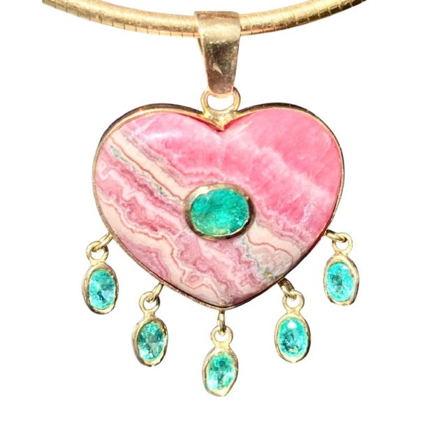 Large Rhodochrosite Heart Pendant With Emeralds & 14k Gold For Sale - Image 12 of 14