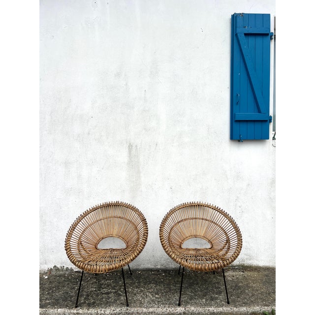 Rattan Soleil Model Armchairs attributed to Janine Abraham & Dirk Jan Rol, 1970s, Set of 2, in Good conditions. Designed...