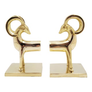 Vintage Art Deco Brass Aries Ram Bighorn Sheep Antelope Bookends- a Pair For Sale