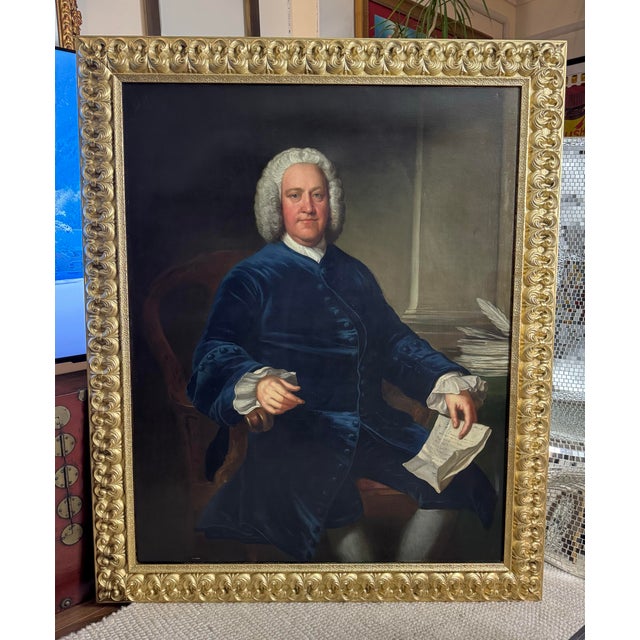 Wood Circle of Jean Baptiste Van Loo, Large 18th Century English Portrait Painting of an Aristocrat For Sale - Image 7 of 11