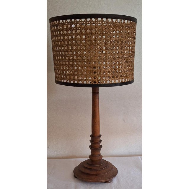 Brown German Art Deco Table Lamp in Turned Beechwood with Viennese Wickerwork Shade, 1930s For Sale - Image 8 of 8