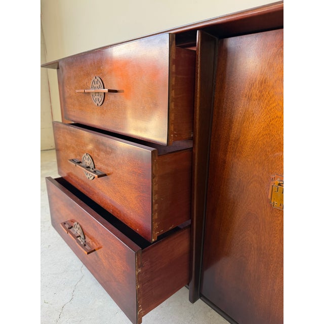 Brown Vintage Art Deco - Asian Style Mahogany Buffet / Credenza With Brass Hardware For Sale - Image 8 of 12