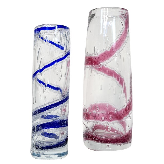 Mouth-Blown Glass Art Vases with Spiral Decor from Theresienthal Glassworks, Germany 1970s, Set of 2 For Sale