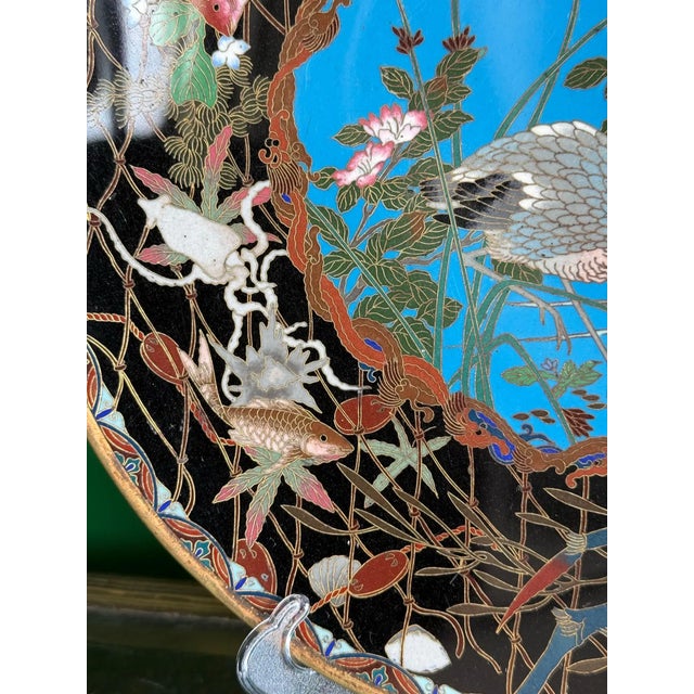 Japanese Meiji Japanese Cloisonne Enamel Charger With Crab, Fish, and Marine Life in Net For Sale - Image 3 of 12