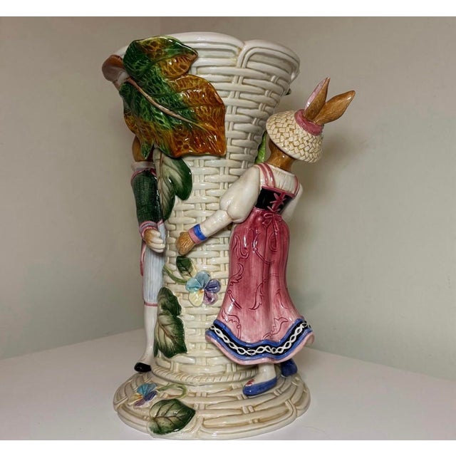 Mint Condition Vintage Fitz & Floyd "Old World Rabbits" 12" Ceramic Centerpiece Vase For Sale - Image 9 of 12