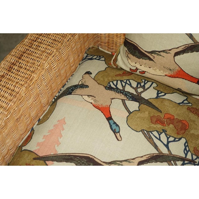 Set of Art Deco Style Wicker Club Armchairs with Mulberry Flying Ducks Cushions For Sale - Image 16 of 18