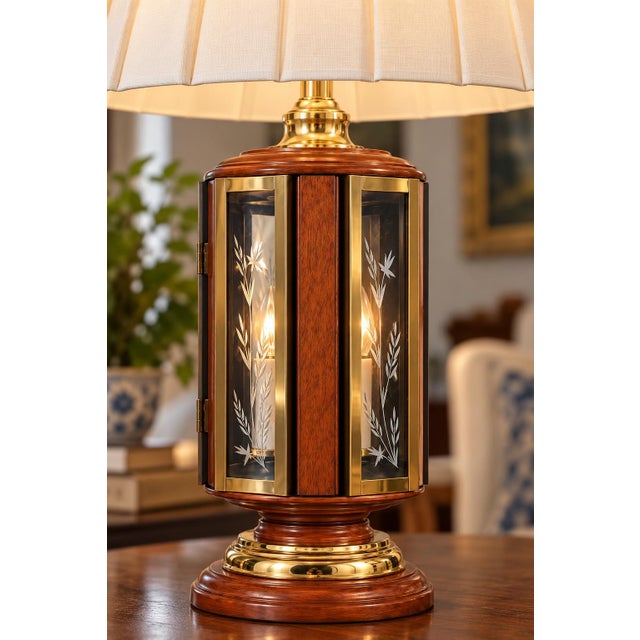 Mid 20th Century Hollywood Regency Wood, Brass & Etched Glass Lantern Table Lamps - Pair For Sale In Los Angeles - Image 6 of 8