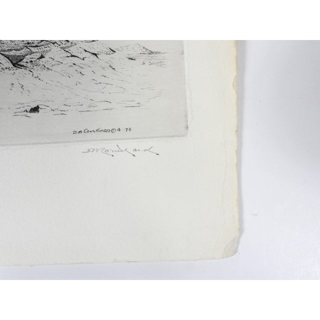 1974 etching on paper landscape of desert mesa storm by Steve Coulthard (1931–2011) Wyoming. Signed, titled Black Mesa...
